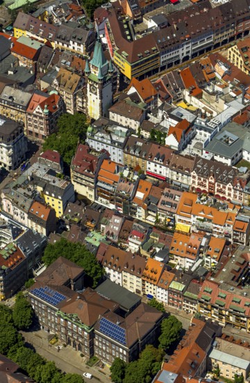 Old town of Freiburg with Schwabentor, Freiburg im Breisgau, Breisgau, Baden-Württemberg, Germany, Europe, aerial view, birds-eyes view, aerial photography, aerial photography, overview, bird's eye view, university city, trinational metropolitan region Upper Rhine