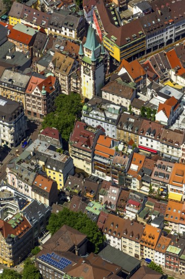 Old town of Freiburg with Schwabentor, Freiburg im Breisgau, Breisgau, Baden-Württemberg, Germany, Europe, aerial view, birds-eyes view, aerial photography, aerial photography, overview, bird's eye view, university city, trinational metropolitan region Upper Rhine