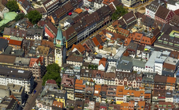 Old town of Freiburg with Schwabentor, Freiburg im Breisgau, Breisgau, Baden-Württemberg, Germany, Europe, aerial view, birds-eyes view, aerial photography, aerial photography, overview, bird's eye view, university city, trinational metropolitan region Upper Rhine