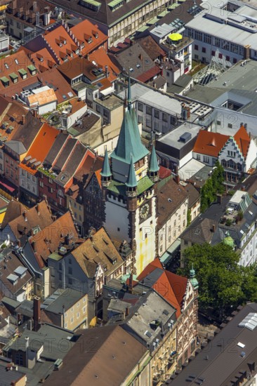 Old town of Freiburg with Schwabentor, Freiburg im Breisgau, Breisgau, Baden-Württemberg, Germany, Europe, aerial view, birds-eyes view, aerial photography, aerial photography, overview, bird's eye view, university city, trinational metropolitan region Upper Rhine