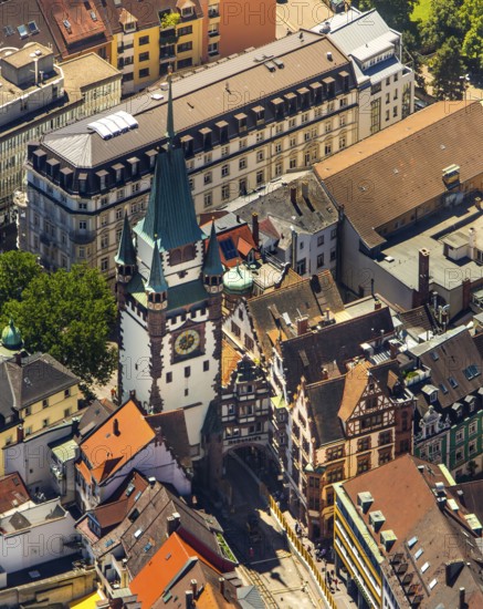 Old town of Freiburg with Schwabentor, Freiburg im Breisgau, Breisgau, Baden-Württemberg, Germany, Europe, aerial view, birds-eyes view, aerial photography, aerial photography, overview, bird's eye view, university city, trinational metropolitan region Upper Rhine