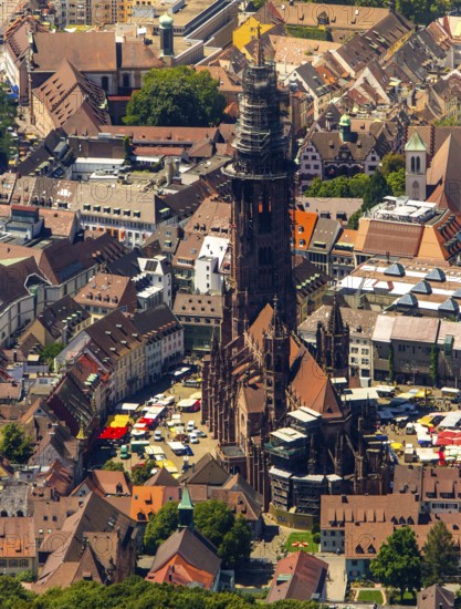 Freiburg Minster with market square, Freiburg im Breisgau, Breisgau, Baden-Württemberg, Germany, Europe, aerial view, birds-eyes view, aerial photography, aerial photography, overview, bird's eye view, university city, trinational metropolitan region Upper Rhine