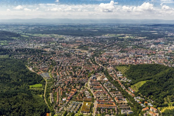 Overview of Freiburg, Freiburg im Breisgau, Breisgau, Baden-Württemberg, Germany, Europe, aerial view, birds-eyes view, aerial photography, aerial photography, overview, bird's-eye view, university city, trinational metropolitan region Upper Rhine
