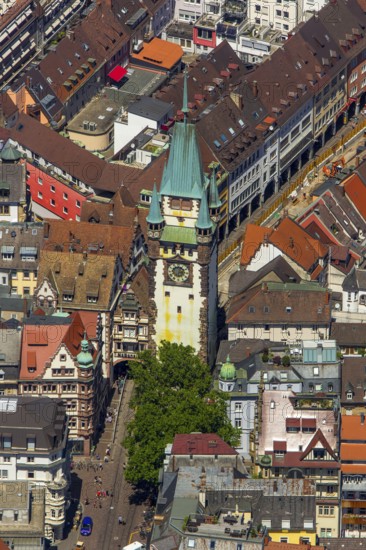 Old town of Freiburg with Schwabentor, Freiburg im Breisgau, Breisgau, Baden-Württemberg, Germany, Europe, aerial view, birds-eyes view, aerial photography, aerial photography, overview, bird's eye view, university city, trinational metropolitan region Upper Rhine