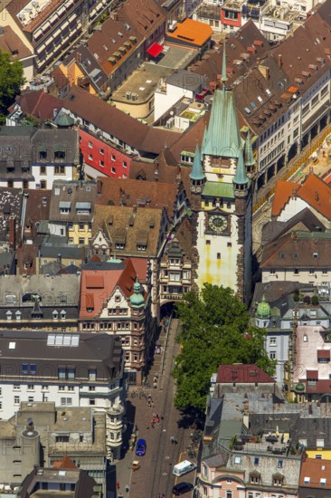 Old town of Freiburg with Schwabentor, Freiburg im Breisgau, Breisgau, Baden-Württemberg, Germany, Europe, aerial view, birds-eyes view, aerial photography, aerial photography, overview, bird's eye view, university city, trinational metropolitan region Upper Rhine