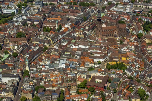 Old town of Freiburg with Schwabentor, market place with Freiburg Minster, Freiburg im Breisgau, Breisgau, Baden-Württemberg, Germany, Europe, aerial view, birds-eyes view, aerial photography, aerial photography, overview, bird's-eye view, university city, trinational metropolitan region Upper Rhine