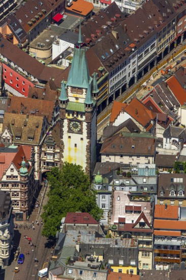 Old town of Freiburg with Schwabentor, Freiburg im Breisgau, Breisgau, Baden-Württemberg, Germany, Europe, aerial view, birds-eyes view, aerial photography, aerial photography, overview, bird's eye view, university city, trinational metropolitan region Upper Rhine