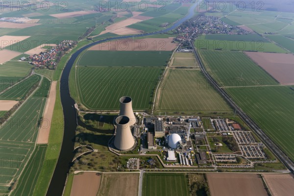 Nuclear power plant Grohnde, nuclear power plant, nuclear power plant on the Weser, cooling towers, pressurised water reactor of the company Siemens, KWG, aerial photograph, aerial photograph of Grohnde Emmerthal, Emmerthal, Lower Saxony, Germany, Europe, aerial photograph, birds-eyes view, aerial photograph, aerial photography, aerial photography, overview, bird's eye view