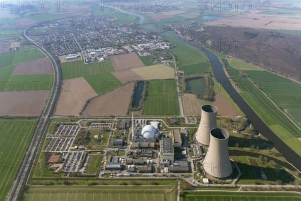 Nuclear power plant Grohnde, nuclear power plant, nuclear power plant on the Weser, cooling towers, pressurised water reactor of the company Siemens, KWG, aerial photograph, aerial photograph of Grohnde Emmerthal, Emmerthal, Lower Saxony, Germany, Europe, aerial photograph, birds-eyes view, aerial photograph, aerial photography, aerial photography, overview, bird's eye view