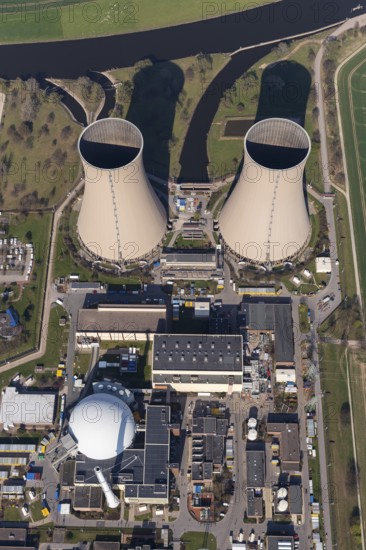 Nuclear power plant Grohnde, nuclear power plant, nuclear power plant on the Weser, cooling towers, pressurised water reactor of the company Siemens, KWG, aerial photograph, aerial photograph of Grohnde Emmerthal, Emmerthal, Lower Saxony, Germany, Europe, aerial photograph, birds-eyes view, aerial photograph, aerial photography, aerial photography, overview, bird's eye view