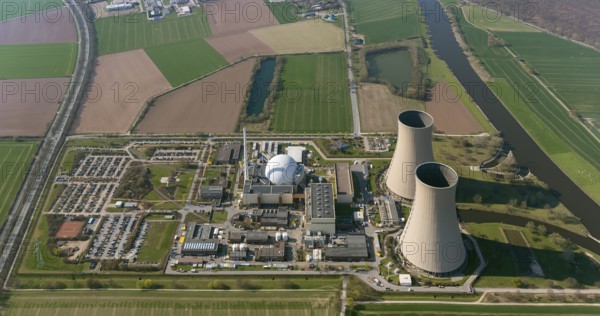 Nuclear power plant Grohnde, nuclear power plant, nuclear power plant on the Weser, cooling towers, pressurised water reactor of the company Siemens, KWG, aerial photograph, aerial photograph of Grohnde Emmerthal, Emmerthal, Lower Saxony, Germany, Europe, aerial photograph, birds-eyes view, aerial photograph, aerial photography, aerial photography, overview, bird's eye view