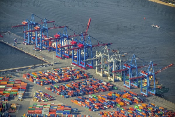 Hamburg harbour, container port Waltershof, container, container cranes, Hamburg, Germany, Europe, aerial view, birds-eyes view, aerial photography, aerial photography, overview, bird's eye view