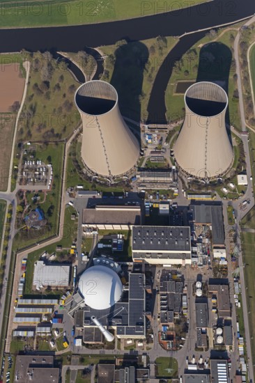 Nuclear power plant Grohnde, nuclear power plant, nuclear power plant on the Weser, cooling towers, pressurised water reactor of the company Siemens, KWG, aerial photograph, aerial photograph of Grohnde Emmerthal, Emmerthal, Lower Saxony, Germany, Europe, aerial photograph, birds-eyes view, aerial photograph, aerial photography, aerial photography, overview, bird's eye view