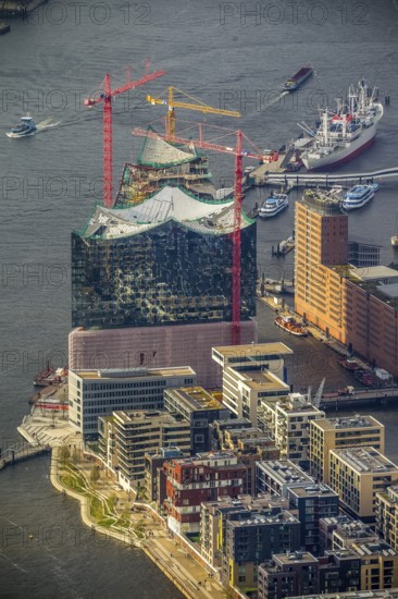 Construction site of the ElbPhilharmonie Hamburg, Philharmonie, Speicherstadt Hamburg, Elbe, Hamburg, Germany, Europe, aerial view, birds-eyes view, aerial photography, aerial photography, overview, overview, bird's eye view