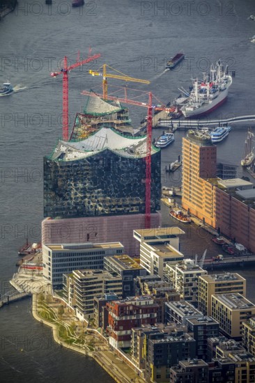 Construction site of the ElbPhilharmonie Hamburg, Philharmonie, Speicherstadt Hamburg, Elbe, Hamburg, Germany, Europe, aerial view, birds-eyes view, aerial photography, aerial photography, overview, overview, bird's eye view