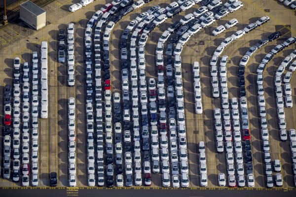 UniKai shipping of cars and lorries to Africa, car queues, car dump, cargo vehicles, new vehicles, car loading, Hamburg, Germany, Europe, aerial photo, birds-eyes view, aerial photography, aerial photography, aerial photography, overview, bird's eye view