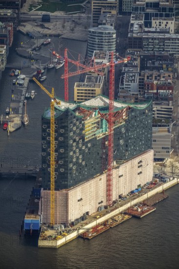 Construction site of the ElbPhilharmonie Hamburg, Philharmonie, Speicherstadt Hamburg, Elbe, Hamburg, Germany, Europe, aerial view, birds-eyes view, aerial photography, aerial photography, overview, overview, bird's eye view