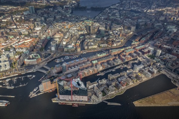 Construction site of the ElbPhilharmonie Hamburg, HafenCity, Elbe, Philharmonie, Speicherstadt Hamburg, Hamburg, Germany, Europe, aerial view, birds-eyes view, aerial photography, aerial photography, overview, bird's eye view
