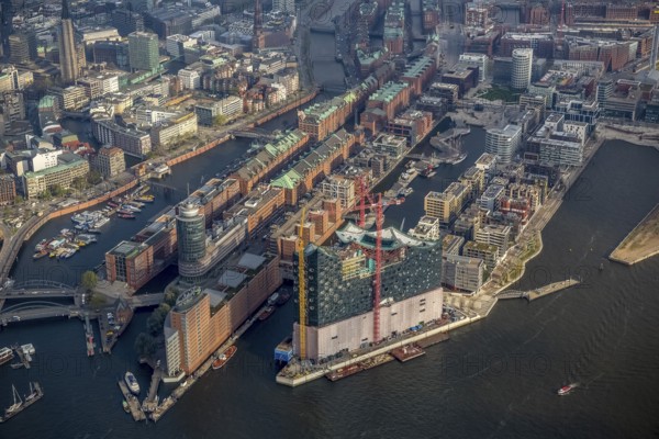 Construction site of the ElbPhilharmonie Hamburg, HafenCity, Elbe, Philharmonie, Speicherstadt Hamburg, Hamburg, Germany, Europe, aerial view, birds-eyes view, aerial photography, aerial photography, overview, bird's eye view
