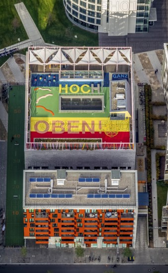 Sports facilities on a roof in HafenCity, Hamburg, Germany, Europe, aerial view, birds-eyes view, aerial photography, aerial photography, overview, bird's eye view