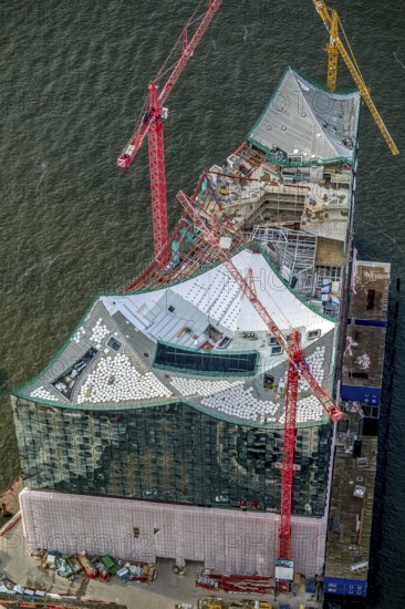 Construction site of the ElbPhilharmonie Hamburg, Philharmonie, Speicherstadt Hamburg, Elbe, Hamburg, Germany, Europe, aerial view, birds-eyes view, aerial photography, aerial photography, overview, overview, bird's eye view