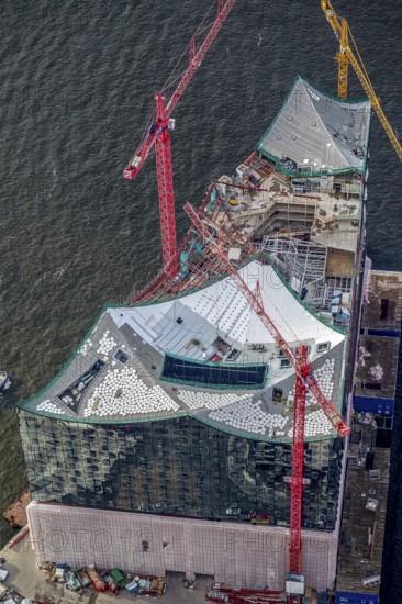 Construction site of the ElbPhilharmonie Hamburg, Philharmonie, Speicherstadt Hamburg, Elbe, Hamburg, Germany, Europe, aerial view, birds-eyes view, aerial photography, aerial photography, overview, overview, bird's eye view