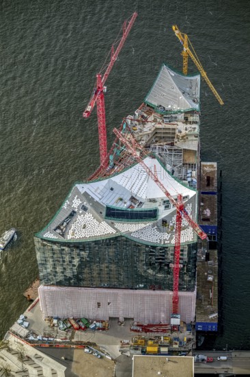 Construction site of the ElbPhilharmonie Hamburg, Philharmonie, Speicherstadt Hamburg, Elbe, Hamburg, Germany, Europe, aerial view, birds-eyes view, aerial photography, aerial photography, overview, overview, bird's eye view