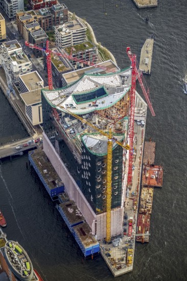 Construction site of the ElbPhilharmonie Hamburg, Philharmonie, Speicherstadt Hamburg, Elbe, Hamburg, Germany, Europe, aerial view, birds-eyes view, aerial photography, aerial photography, overview, overview, bird's eye view