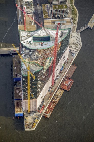 Construction site of the ElbPhilharmonie Hamburg, Philharmonie, Speicherstadt Hamburg, Elbe, Hamburg, Germany, Europe, aerial view, birds-eyes view, aerial photography, aerial photography, overview, overview, bird's eye view