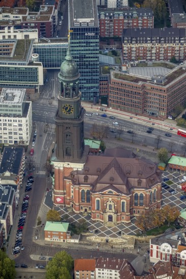 St.Michaeliskirche, Hamburger Michel, landmark of Hamburg, Hamburg, Germany, Europe, aerial view, birds-eyes view, aerial photography, aerial photography, overview, bird's eye view