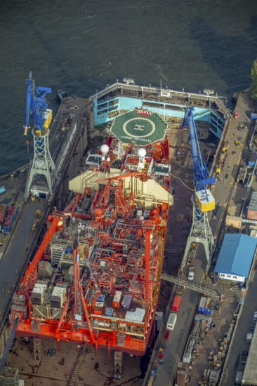 Hamburg harbour, Blohm + Voss shipyard, oil production ship on speech, Petrojarl Banff, Hamburg, Germany, Europe, aerial photo, birds-eyes view, aerial photography, aerial photography, overview, bird's eye view