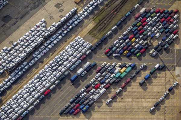 UniKai shipping of cars and lorries to Africa, car queues, car dump, cargo vehicles, new vehicles, car loading, Hamburg, Germany, Europe, aerial photo, birds-eyes view, aerial photography, aerial photography, aerial photography, overview, bird's eye view