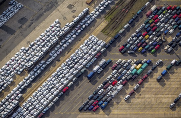 UniKai shipping of cars and lorries to Africa, car queues, car dump, cargo vehicles, new vehicles, car loading, Hamburg, Germany, Europe, aerial photo, birds-eyes view, aerial photography, aerial photography, aerial photography, overview, bird's eye view