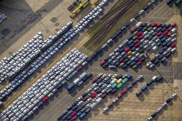 UniKai shipping of cars and lorries to Africa, car queues, car dump, cargo vehicles, new vehicles, car loading, Hamburg, Germany, Europe, aerial photo, birds-eyes view, aerial photography, aerial photography, aerial photography, overview, bird's eye view