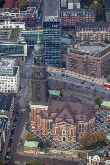 St.Michaeliskirche, Hamburger Michel, landmark of Hamburg, Hamburg, Germany, Europe, aerial view, birds-eyes view, aerial photography, aerial photography, overview, bird's eye view