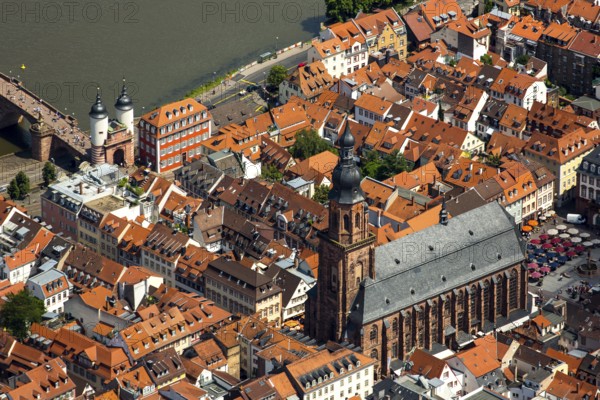 Heiliggeistkirche in Heidelberg Old Town with Old Bridge and Tor tor of the Old Bridge, Neckar, Heidelberg, Rhein-Neckar-Kreis, Baden-Württemberg, Germany, Europe, aerial view, birds-eyes view, aerial photography, aerial photography, overview, bird's eye view