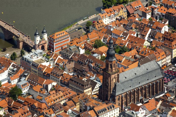 Heiliggeistkirche in Heidelberg Old Town with Old Bridge and Tor tor of the Old Bridge, Neckar, Heidelberg, Rhein-Neckar-Kreis, Baden-Württemberg, Germany, Europe, aerial view, birds-eyes view, aerial photography, aerial photography, overview, bird's eye view