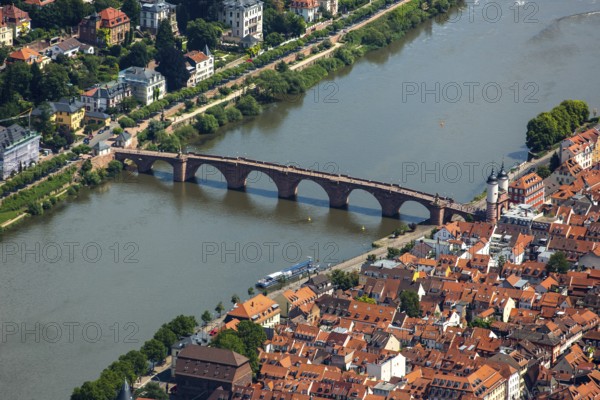 Heidelberg Old Town with Old Bridge and Tor tor of the Old Bridge, Heidelberg, Rhein-Neckar-Kreis, Baden-Württemberg, Germany, Europe, aerial view, birds-eyes view, aerial photography, aerial photography, overview, overview, bird's eye view