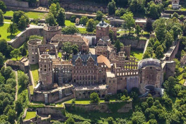 Heidelberg Castle, Heidelberg Castle, Heidelberg Castle Ruins, Heidelberg, Rhein-Neckar-Kreis, Baden-Württemberg, Germany, Europe, aerial view, birds-eyes view, aerial photography, aerial photography, overview, overview, bird's eye view