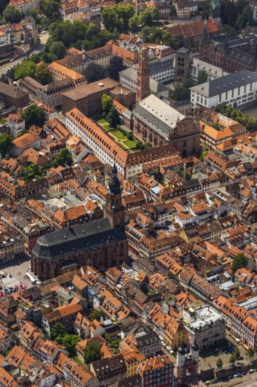 Heidelberg, in front Heiggeistkirche and in the background Heidelberg Jesuit Church, Rhein-Neckar-Kreis, Baden-Württemberg, Germany, Europe, aerial view, birds-eyes view, aerial photography, aerial photography, overview, overview, bird's eye view