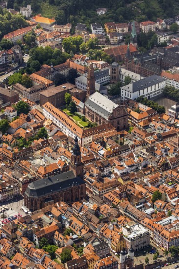 Heidelberg, in front Heiggeistkirche and in the background Heidelberg Jesuit Church, Rhein-Neckar-Kreis, Baden-Württemberg, Germany, Europe, aerial view, birds-eyes view, aerial photography, aerial photography, overview, overview, bird's eye view