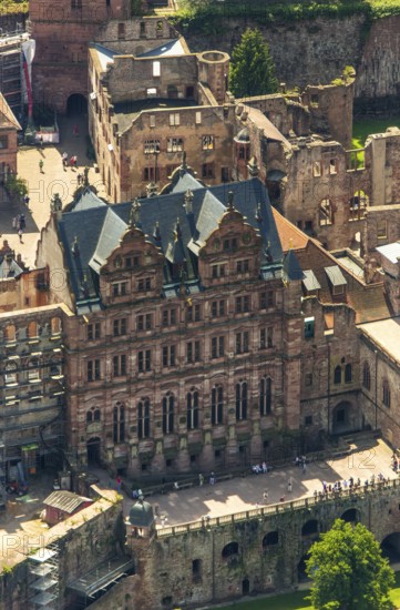 Heidelberg Castle, Heidelberg Castle, Heidelberg Castle Ruins, Friedrichsbau, Heidelberg, Rhein-Neckar-Kreis, Baden-Württemberg, Germany, Europe, aerial view, birds-eyes view, aerial photography, aerial photography, overview, bird's eye view