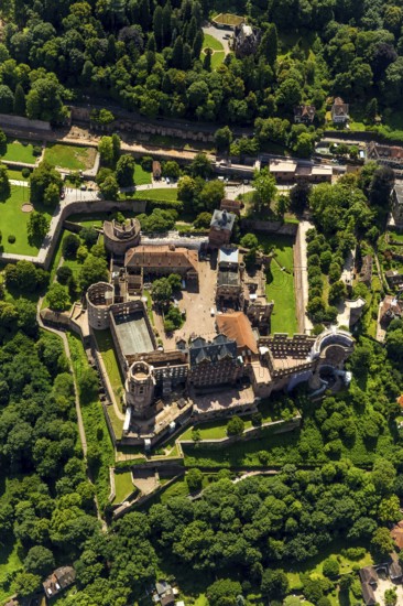 Heidelberg Castle, Heidelberg Castle, Heidelberg Castle Ruins, vertical photography, Heidelberg, Rhein-Neckar-Kreis, Baden-Württemberg, Germany, Europe, aerial photography, birds-eyes view, aerial photography, aerial photography, overview, bird's eye view