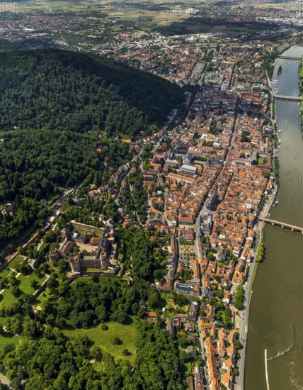 Overview of Heidelberg and the Neckar river with Old Bridge and Heiliggeistkirche, Heidelberg, Rhein-Neckar-Kreis, Baden-Württemberg, Germany, Europe, aerial view, birds-eyes view, aerial photography, aerial photography, overview, bird's eye view