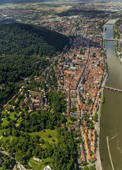 Overview of Heidelberg and the Neckar river with Old Bridge and Heiliggeistkirche, Heidelberg, Rhein-Neckar-Kreis, Baden-Württemberg, Germany, Europe, aerial view, birds-eyes view, aerial photography, aerial photography, overview, bird's eye view