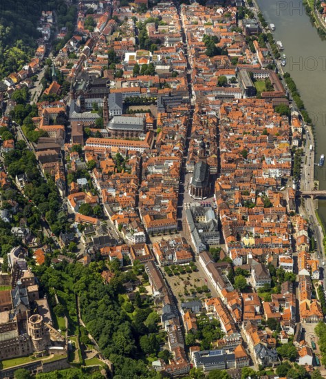 Overview of Heidelberg and the Neckar river with Old Bridge and Heiliggeistkirche, Heidelberg, Rhein-Neckar-Kreis, Baden-Württemberg, Germany, Europe, aerial view, birds-eyes view, aerial photography, aerial photography, overview, bird's eye view