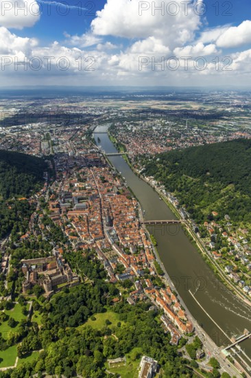 Overview of Heidelberg and the Neckar river with Old Bridge and Heiliggeistkirche, Heidelberg, Rhein-Neckar-Kreis, Baden-Württemberg, Germany, Europe, aerial view, birds-eyes view, aerial photography, aerial photography, overview, bird's eye view