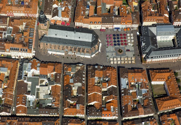 Heiliggeistkirche in Heidelberg Old Town with Old Bridge and Tor tor of the Old Bridge, Neckar, Heidelberg, Rhein-Neckar-Kreis, Baden-Württemberg, Germany, Europe, aerial view, birds-eyes view, aerial photography, aerial photography, overview, bird's eye view