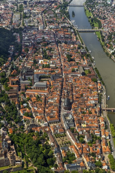 Overview of Heidelberg and the Neckar river with Old Bridge and Heiliggeistkirche, Heidelberg, Rhein-Neckar-Kreis, Baden-Württemberg, Germany, Europe, aerial view, birds-eyes view, aerial photography, aerial photography, overview, bird's eye view