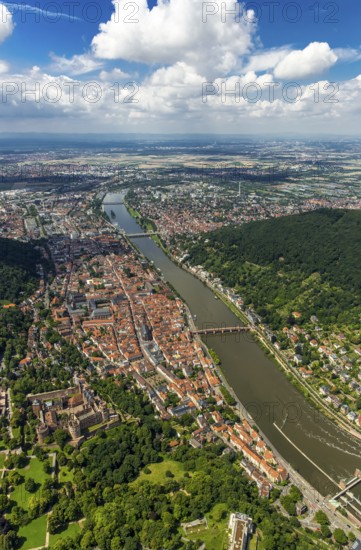 Overview of Heidelberg and the Neckar river with Old Bridge and Heiliggeistkirche, Heidelberg, Rhein-Neckar-Kreis, Baden-Württemberg, Germany, Europe, aerial view, birds-eyes view, aerial photography, aerial photography, overview, bird's eye view